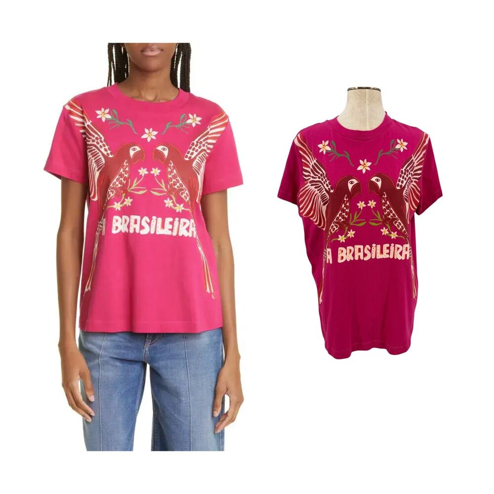 Farm Rio A Brasileira Parrot Graphic T-Shirt Tropical Pink Cotton Tee Size Large